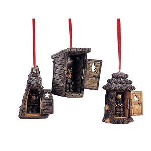 Occupied Outhouses Christmas Holiday Ornaments Set of 3 Resin